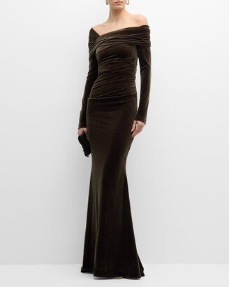 Off-The-Shoulder Long-Sleeve Stretch Velvet Gown