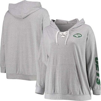 Women's Plus Size Heathered Gray New York Jets Lace-Up Pullover Hoodie