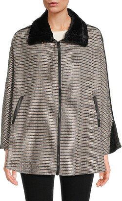 Houndstooth Faux Fur Trim Jacket