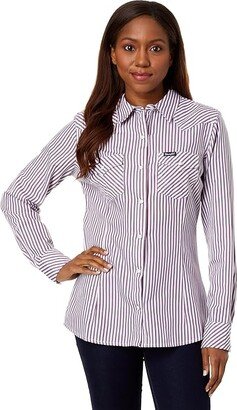 Retro Long Sleeve Snap Stripe (White/Red) Women's Clothing