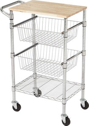 Amazon Basics 3-Tier Metal Basket Rolling Cart with Wood Top