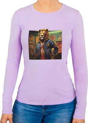 FAN-DOM Lion in Bar Partying Long Sleeves Crew Neck Tees Super Soft Cotton Woman T-Shirts (as1