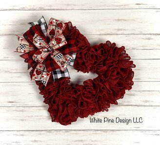 Valentine's Day Burlap Heart Wreath, Buffalo Check Valentine Front Door Red Hanger, Rustic Double Wreath