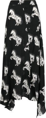 Horse-Print Silk Midi Skirt