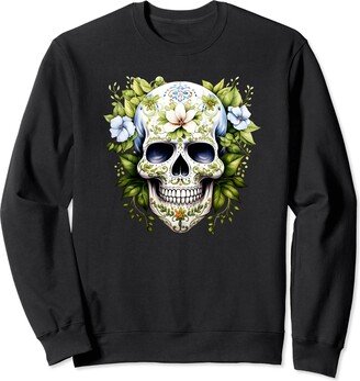 From Dyzamora Celebrating Dia De Los Muertos - Green Leaves Sugar Skull Sweatshirt