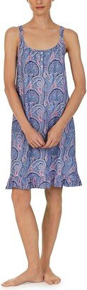 Double Strap Button Neck Gown (Blue Paisley) Women's Pajama