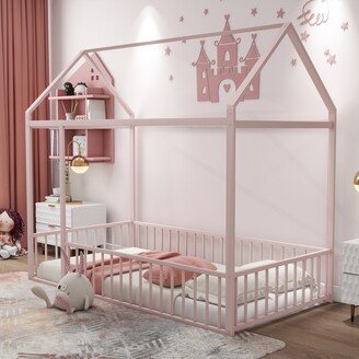 GREATPLANINC Twin Size Kids House Bed Metal Platform Bed Frame Floor Bed, Pink