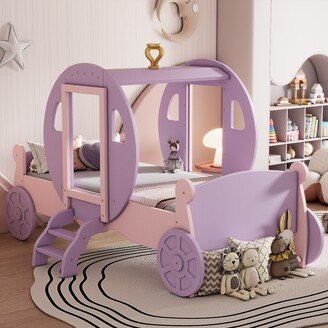 Aoolive Twin Size Kids Bed, Princess Carriage Bed with Crown, Twin Size Wood Platform Car Bed with Stair for Girls Boys Bedroom