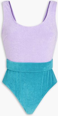 Jude belted two-tone cotton-blend terry swimsuit