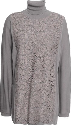 Corded lace-paneled wool turtleneck sweater