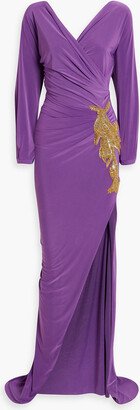 Embellished gathered satin-jersey gown