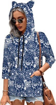 MENRIAOV Shibori in Indigo Tie-dye Womens Cute Hoodies with Cat Ears Sweatshirt Pullover with Pockets Shirt Top 4XL