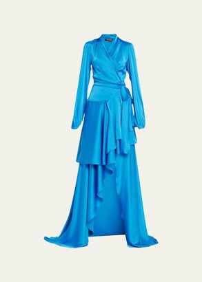 High-Low Ruffle Maxi Wrap Dress