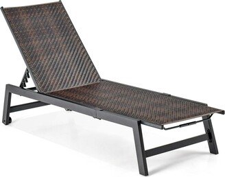 1PC Patio Galvanized Steel Chaise Lounge with Wheels Outdoor Pe Rattan Recliner Chair