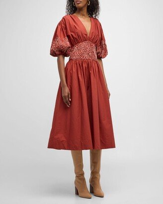 Dean Embroidered Puff-Sleeve Poplin Midi Dress