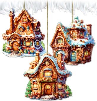 Fairy Tale Houses Christmas Wooden Ornaments Holiday Decor Set of 3 G. DeBrekht