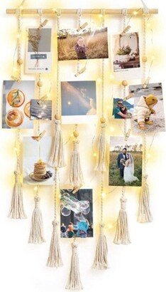 Boho Gift Macrame Hanging Photo Display String Lights Wall Decor Pictures Christmas Cards Holder 30 Clips For Bedroom Living Room, Dorm