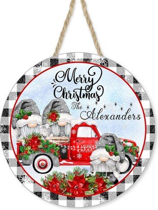 Personalized Merry Christmas Red & Gray Gnomes Round Printed Handmade Wood Sign