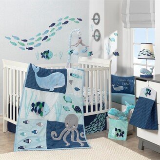 Oceania Blue/Gray/White Whale with Octopus and Fish Nautical Ocean 6-Piece Nursery Baby Crib Bedding Set