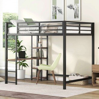 BEYONDHOME Full Size Metal Loft Bed with Built-in Desk and Storage Shelves