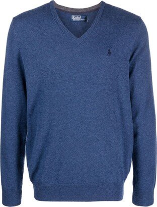 mélange-effect V-neck wool jumper