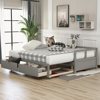 EDWINRAY Twin Size Wooden Daybed with Trundle Bed and Two Storage Drawers,Sofa Bed,Extendable Bed