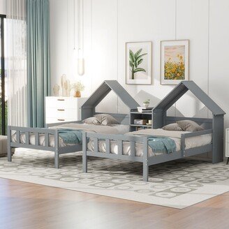 Aoolive Double Twin Size Platform Beds with House-shaped Headboard and Built-in Nightstand, Kids' Bed Frame with Storage Shelves