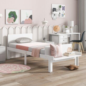 Joliwing Twin Size Kid Bed,Wood Platform Bed with Footboard Bench,White