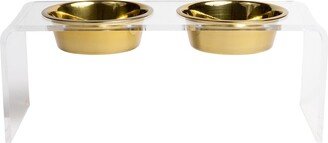 Hiddin Medium Clear Double Bowl Pet Feeder With Gold Bowls