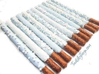 Chocolate Covered Pretzels. Baby Blue Pretzels. Winter Wonderland Spritz Pretzel Rods. & White Rods