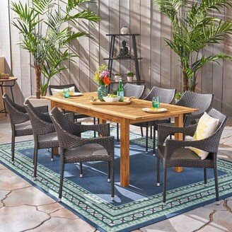 Damon Outdoor 9 Piece Wood and Wicker Expandable Dining Set