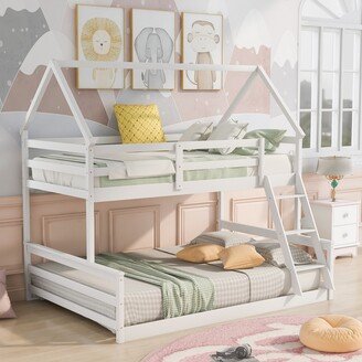 EDWINRAY Twin Over Full House Bunk Bed with Built-in Ladder and Guard Rails, White