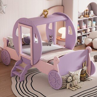 Telepassa Twin Size Princess Carriage Platform Bed with Crown and Stair