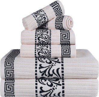 100% Cotton Medium Weight Floral Border Infinity Trim 6 Piece Assorted Bathroom Towel Set, Ivory-Black - Blue Nile Mills