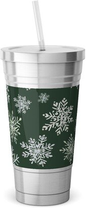 Travel Mugs: Lace Snowflakes On Hunter Green Stainless Tumbler With Straw, 18Oz, Green