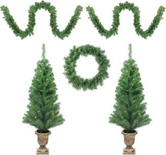 Northlight Prelit Artificial Christmas Trees, Wreath and Garland Set Winter Spruce 5pc - Clear Lights