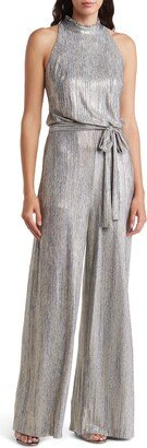 Belted Wide Leg Metallic Jumpsuit