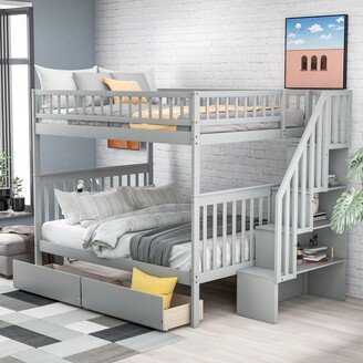 Calnod Full over Full Bunk Bed with 2 Drawers and Stairs with 4 Storage Shelves, Wood Bed with Handrails and Guardrails Grey