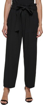 Petites Womens Belted High Rise Straight Leg Pants