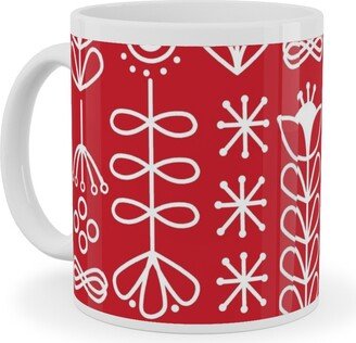 Mugs: Red And White Nordic Mod Floral Ceramic Mug, White, 11Oz, Red