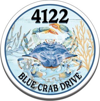 Blue Sea Crab Themed Cottage Ceramic House Welcome Circle Tile, Front Door Sign, Creatures