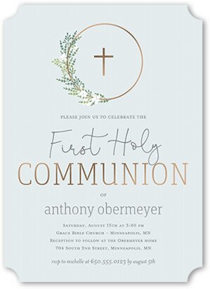 First Communion Invitations: Circled Cross Boy Communion Invitation, Grey, 5X7, Matte, Signature Smooth Cardstock, Ticket