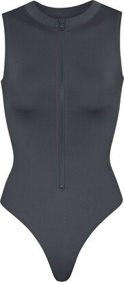 Signature Swim Zip Front Sleeveless One Piece | Gunmetal