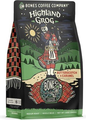 Bones Coffee Company Highland Grog Flavored Whole Coffee Beans Butterscotch Caramel & Rum Flavor