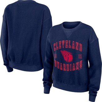 Women's Wear by Erin Andrews Navy Distressed Cleveland Guardians Vintage-Like Cord Pullover Sweatshirt