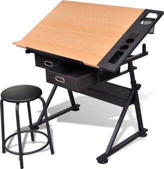 Two Drawers Tiltable Tabletop Drawing Table with Stool