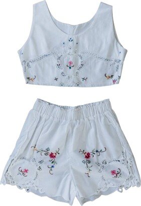 Sugar Cream Vintage Floral Embroidered/ Lace Summer Crop Top & Shorts Set