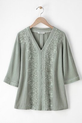 Women's gauze soutache blouse - Frosted Thyme - PS - Petite Size