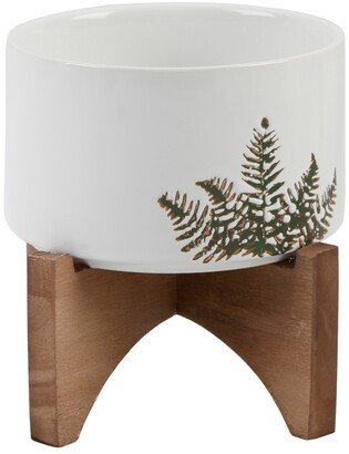 Etched Leaf Ceramic Planter on Stand, 5.35