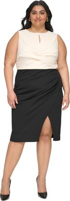 Plus Size Colorblocked Twist-Front Ruched Sheath Dress - Eggshell/Black